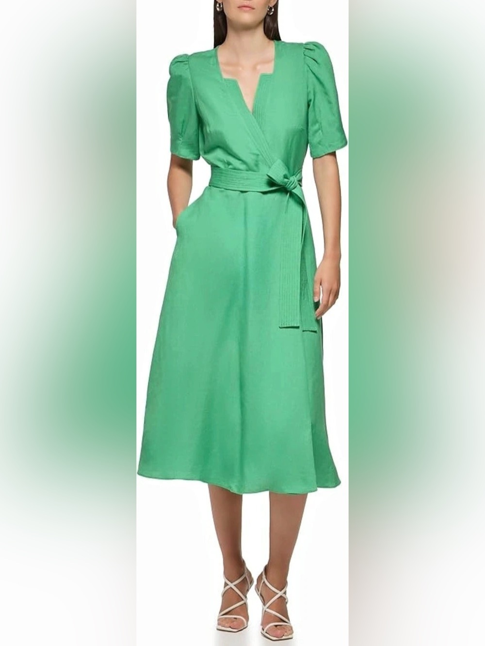 Karl Lagerfeld Paris Women's Puff Sleeve Tie Midi Dress